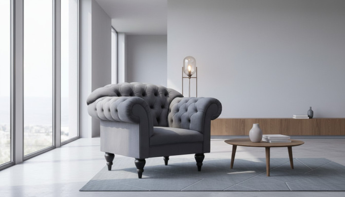 Stoff Chesterfield Couch Polster Sitz Sessel Textil Modern Sessel Blau 1 Sitzer