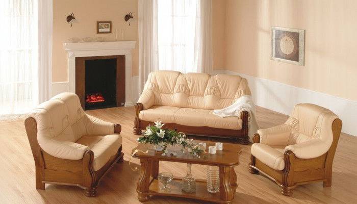 Klassik Sofagarnitur Holz Leder 3+2+1 Komplettes Set Sitz Polster Couchgarnitur