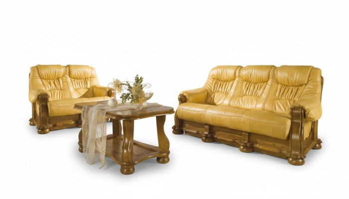 Sofagarnitur Holz Leder 3+2+1 Komplettes Set Klassik Couchgarnitur Sitz Polster