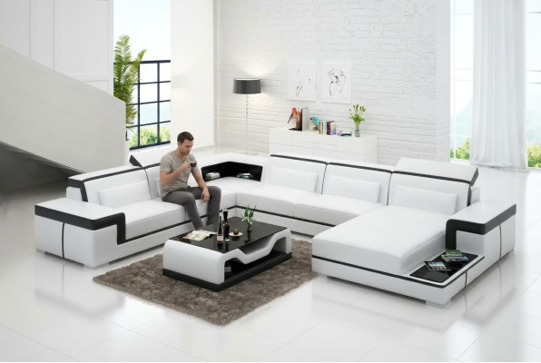 Ecksofa Wohnlandschaft Sofa U Form Polster Couchen Leder Design Beleuchtet Couch