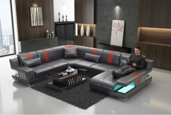 Ecksofa Wohnlandschaft Sofa Couch U Form Polster Couchen Leder Design Beleuchtet
