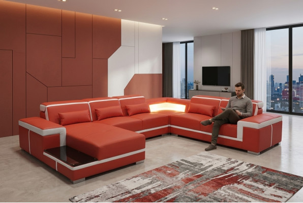 Design Eck Sofa + USB Polster Ecke Leder Sitz Couchen Wohnlandschaft XXL U Form