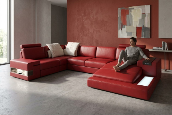 Ecksofa mit USB Sofa Couch Polster U Form Wohnlandschaft Ledersofa Designer Ecke
