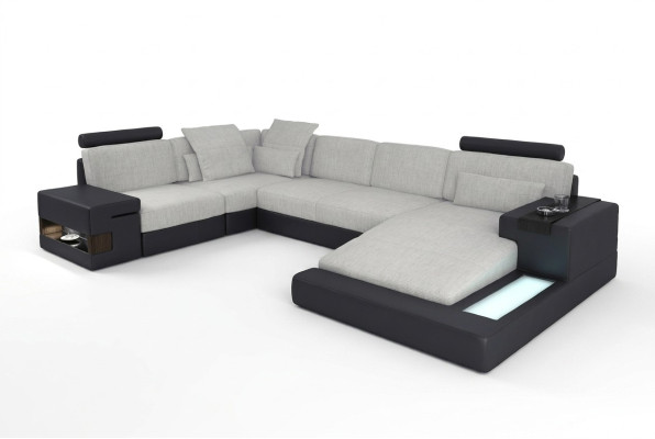 XXL Ecksofa Wohnlandschaft U Form Ledersofa Sofa Polster Couch Textil Leder USB