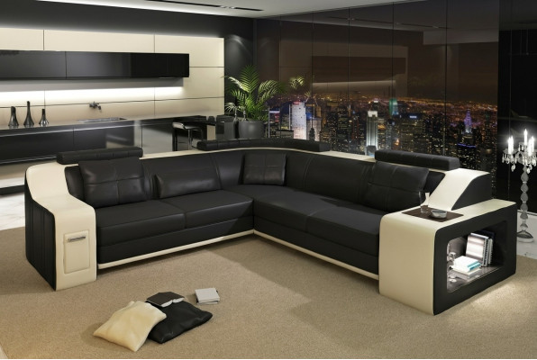 Ecksofa mit USB Leder Textil Sofa Couch Polster Wohnlandschaft L Garnitur Sitz