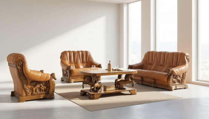 Klassische Dreisitzer Couch Polster Sofa 100% Echtes Leder Holz (ohne 2+1) Neu