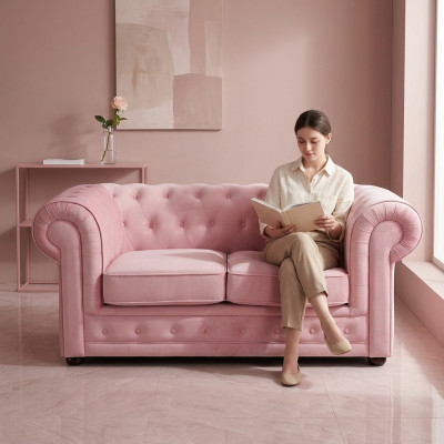 Rosa Chesterfield Sofa Couch Polster Stoff Leder Couchen  Polster Garnitur Neu