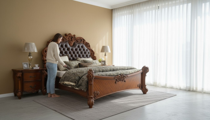 Schlafzimmer Set Bett + 2x Nachttisch Chesterfield Holz Leder Betten Polster