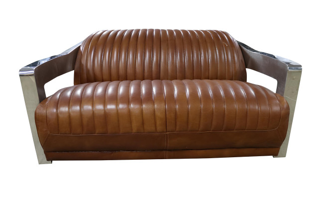 Sofa Vintage 2-Sitzer Ledersofa im Retro Stil Echtleder Aluminium Nieten Möbel