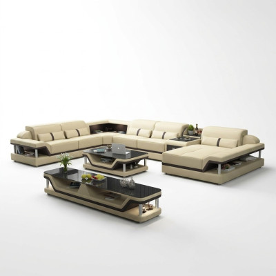 Ecksofa Beige mit Couchtisch 2tlg. Wohnzimmer Ledersofa Set Eckgarnitur Tisch