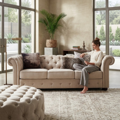 Landhaus Stil Möbel - Chesterfield Sofa Sitz Garnitur 3+2 Set Stoff
