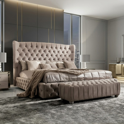 Echtes Chesterfield Bett Doppel Hotel Betten Textil Polster 160x200cm Stoff Neu