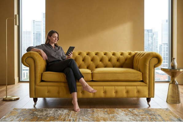Gelber Chesterfield Zweisitzer Designer Wohnzimmer 2-er Couch