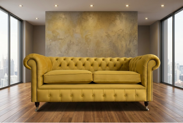 Gelber Chesterfield Zweisitzer Designer Wohnzimmer 2-er Couch