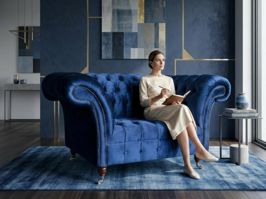 Sessel Couch Polster Sofa Textil Chesterfield Couchen 1,5 Sitzer Einsitzer Blau