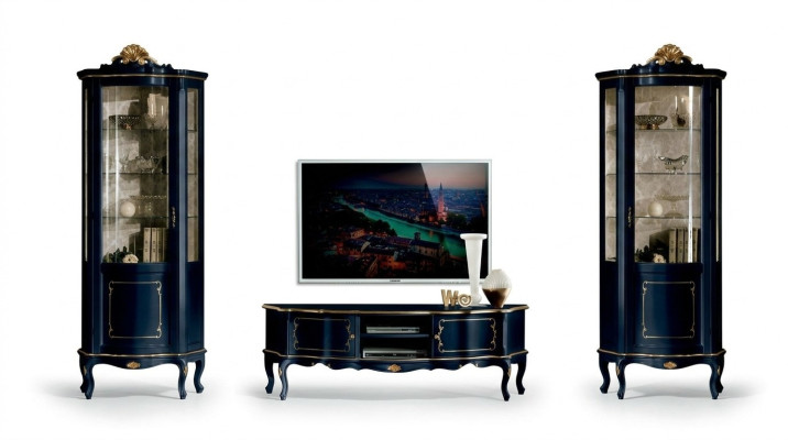 Luxus Set Garnitur 3tlg rtv mit 2x Vitrine Blau Italienische Luxus Möbel Barock Stil