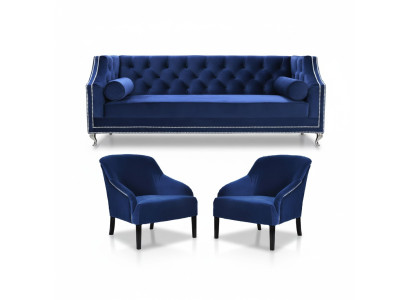 Blaue Chesterfield Sessel Blau xxl Textil Stoff Couchen Gruppe Möbel Garnitur