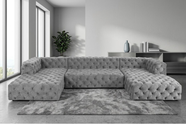 Chesterfield U Form Sofa Grau XXL Big Textil Stoff Couchen Luxus Möbel Polster
