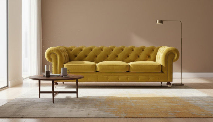 Luxus Gelb Chesterfield Samt Dreisitzer Polster Möbel Hotel Wohnzimmer Praxis