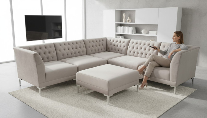 Ecksofa Chesterfield Hocker 2tlg. Set Textil Stoff Couchen Sofas Eckgarnitur Neu