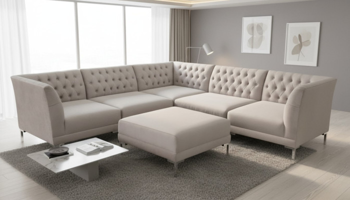 Ecksofa Chesterfield Hocker 2tlg. Set Textil Stoff Couchen Sofas Eckgarnitur Neu