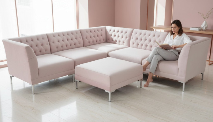 Rosa Ecksofa Hocker Chesterfield Sofas Möbel xxl Big Textill Stoff Sofas 2tlg