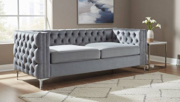 Graue Chesterfield Couch Luxus Samt Stoff Couchen Sofa Set Knöpfe Polster Neu