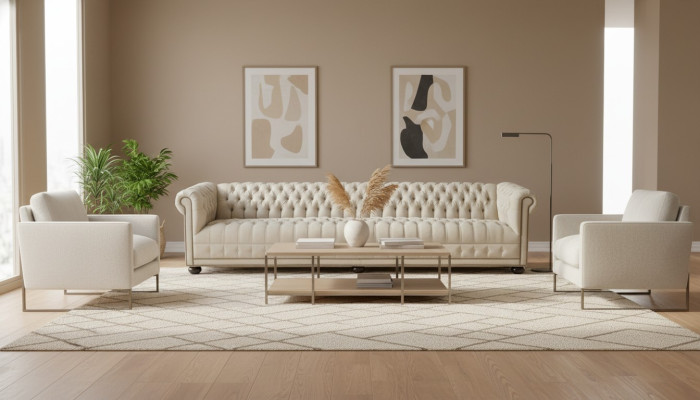 Creme Chesterfield Wohnzimmer Viersitzer Design Couchen Sofa Möbel Stoff Sofas