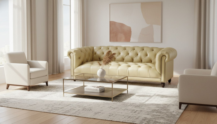 Beige Dreisitzer Leder Chesterfield Wohnzimmer Modern Design Couchen Sofa Neu