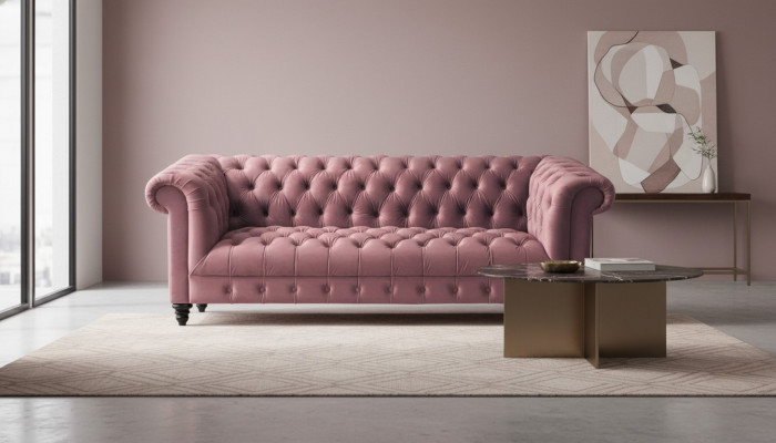Fuchsia Samt Couch Luxus Polster Chesterfield Möbel Sofa mit Knöpfen Dreisitzer