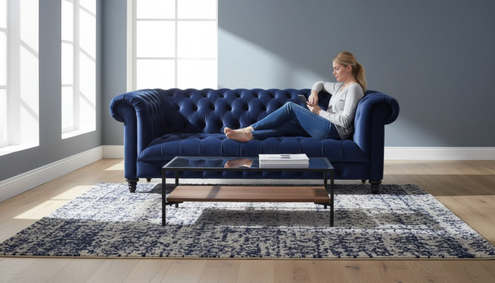 Navy Blau Dreisitzer Stoff Chesterfield Design Couchen Polster Sofa 220cm Neu