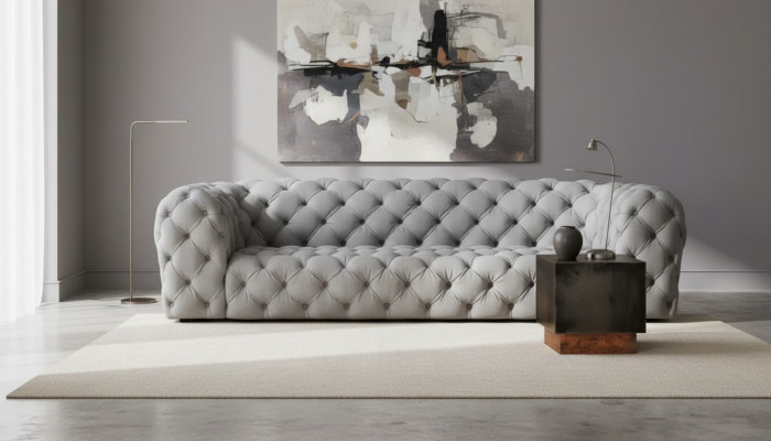 Grau Chesterfield Wohnzimmer Modern Design Couchen Sofa Möbel Stoff Big xxl Neu