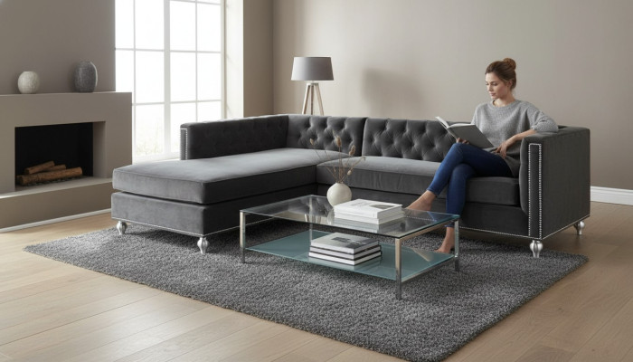 Ecksofa Wohnlandschaft Couch Eckgarnitur Polster Samt Stoff Möbel Design Grau