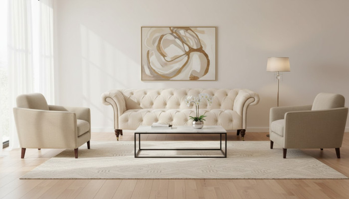 Beige Chesterfield Dreisitzer Modern Design Couchen Stoff Sofa designer Möbel