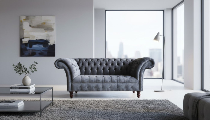 Chesterfield 3 Sitzer Wohnzimmer Couch Sofa Polster Sitz Textil Garnitur Grau