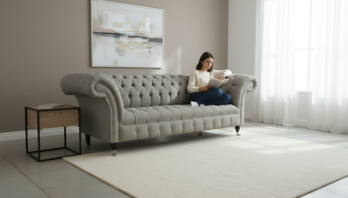 Graue Chesterfield Sofa Couch Polster Stoff Leder Couchen Samt Garnitur