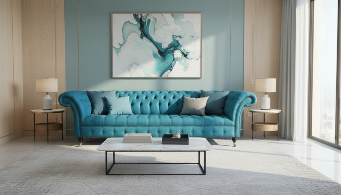 Blaue xxl Big Sofa Couch Chesterfield 265cm Polster Sofas 4 Sitzer Samt Textil