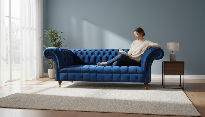 Chesterfield 3 Sitzer Blau Design Couchen Polster Sofas Samt Stoff Textil Luxus