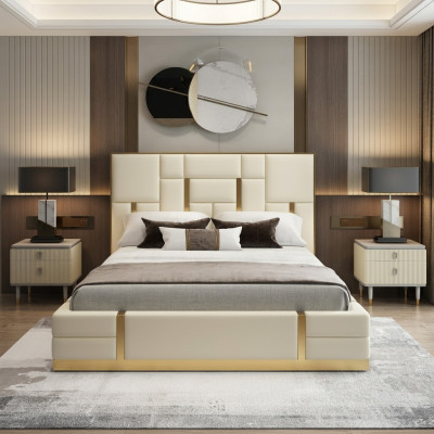 Modern Luxus Bett Schlafzimmer Italienisches Leder Polster Doppel Betten Metall Design.