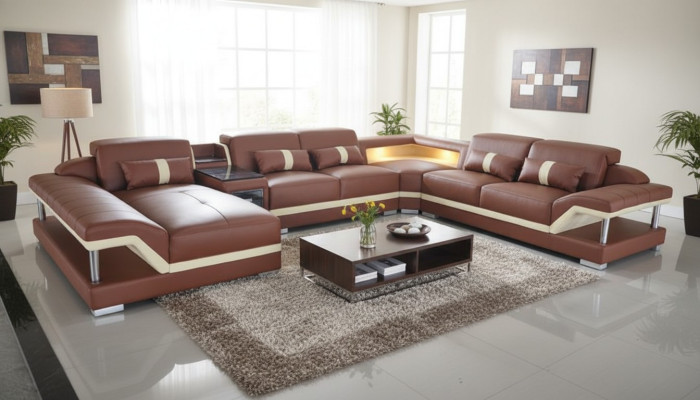 Wohnlandschaft U-Form Cream Braun Ecksofa Leder Sofa Couch Polster Eck Sitz Neu