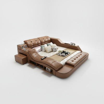Doppel Luxus Leder Bett + USB Polster Betten Moderne Hotel Multifunktion massage