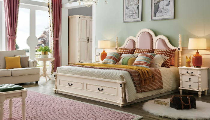3tlg. Set Schlafzimmer 2xNachttisch Holz Designer Bett Luxus Klassisch Neu