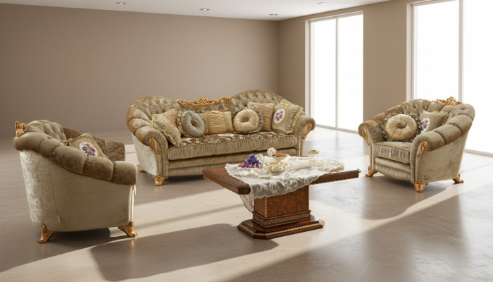 Luxus Möbel Sofagarnitur Couch Sofa Barock Rokoko Polster 3+1+1 Sitzer Holz 3tlg