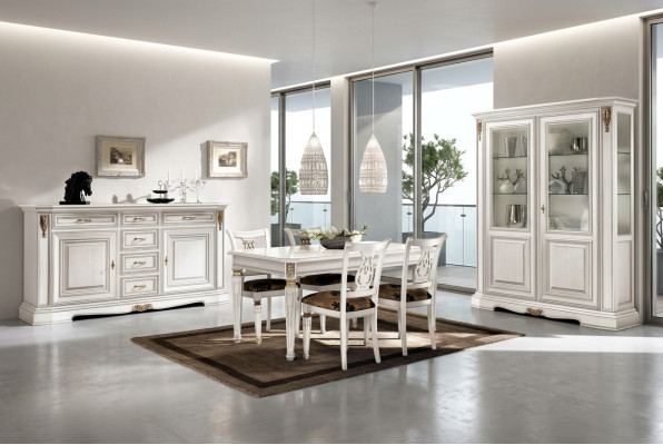 Esszimmer Esstisch Stuhl Kommode Vitrine Gruppe Garnitur Holz Weiß Set 7tlg Neu