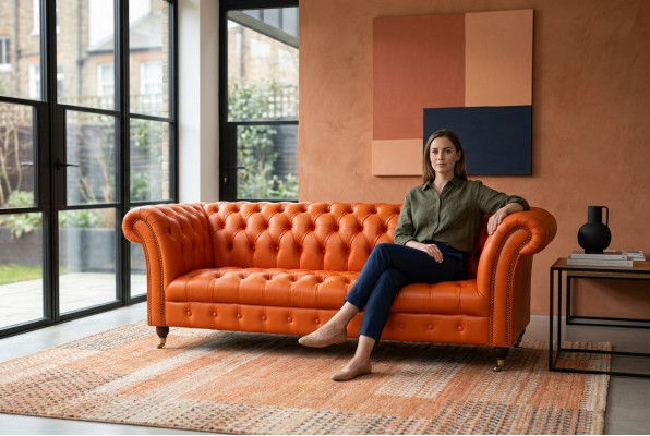Designer Sofa 3 Sitzer Chesterfield Couch Polster Sofas Design Orange 