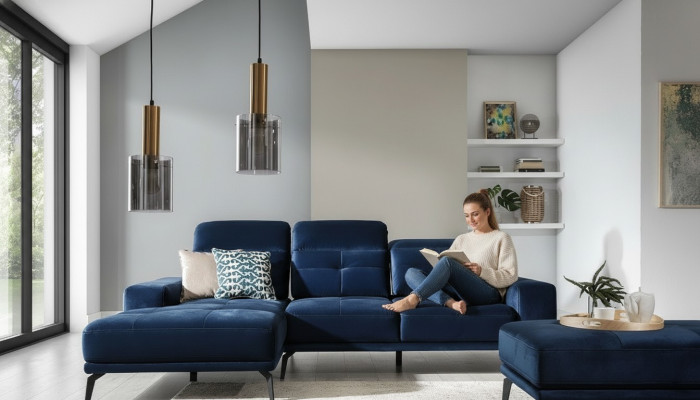 Designer Sofa Couch Ecksofa Textil Polster Garnitur Wohnlandschaft L-Form Blaue