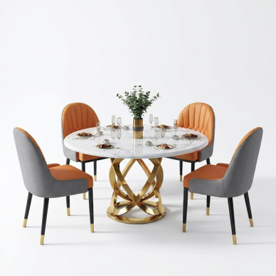 Design Rund Ess Zimmer Stuhl Set Tische Metall Sessel 4x Stühle + Tisch