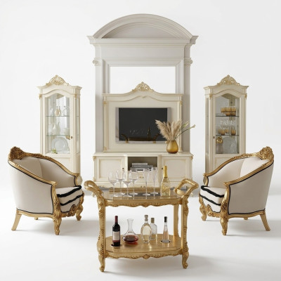 Klassische Wohn Wand Wohnzimmer Vitrine Sideboard RTV Regal Wände Schrank 3tlg. Massivholz