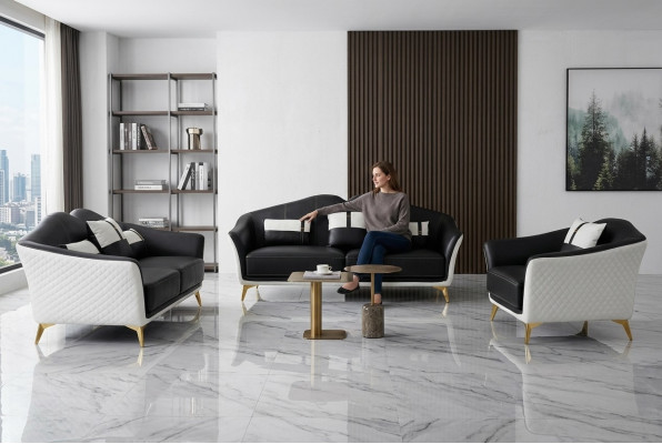 Schwarze Sofagarnitur 3+2+1 Set Wohnlandschaft Sofa Couch Garnitur Ledersofa Neu