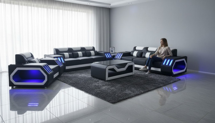 Sofagarnitur Couch Set 3+2+1 + Tisch Ledersofa Sitz Beleuchtete Design Polster